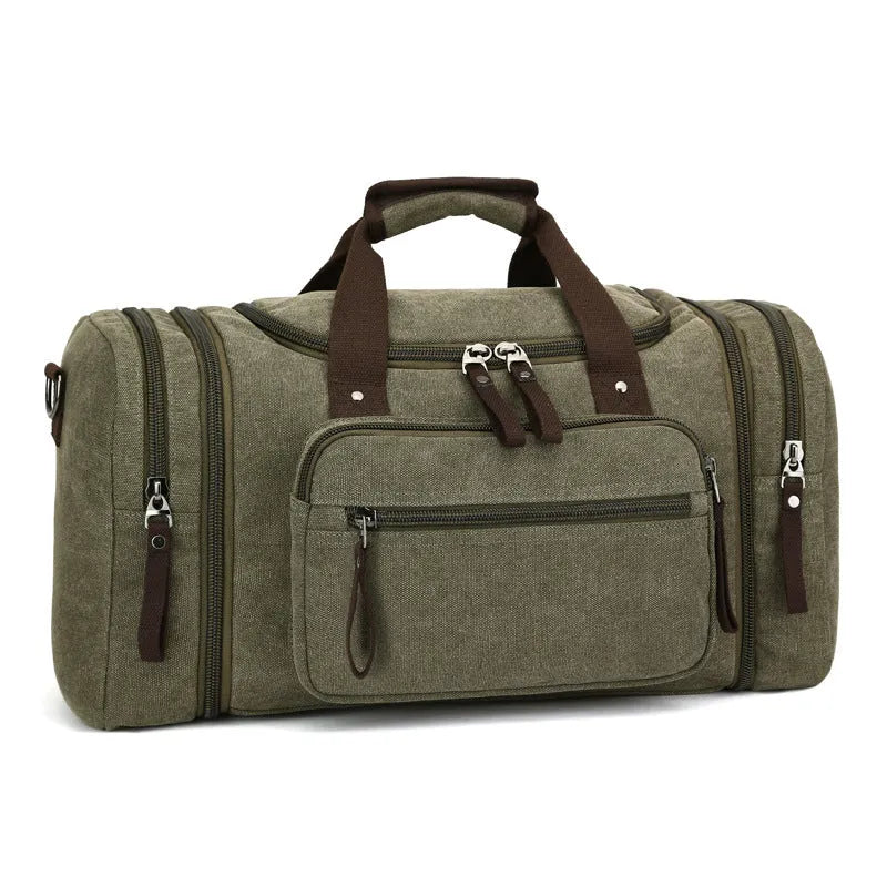 Canvas messenger backpack in khaki with zipper closure and multiple internal pockets
