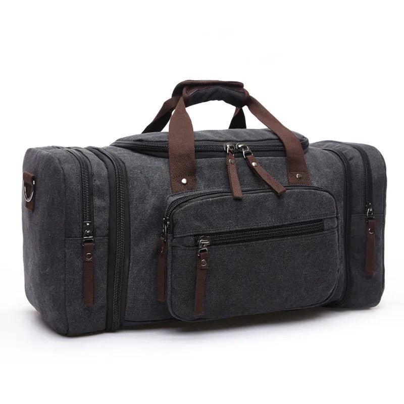 Canvas messenger backpack in khaki with zipper closure and multiple internal pockets