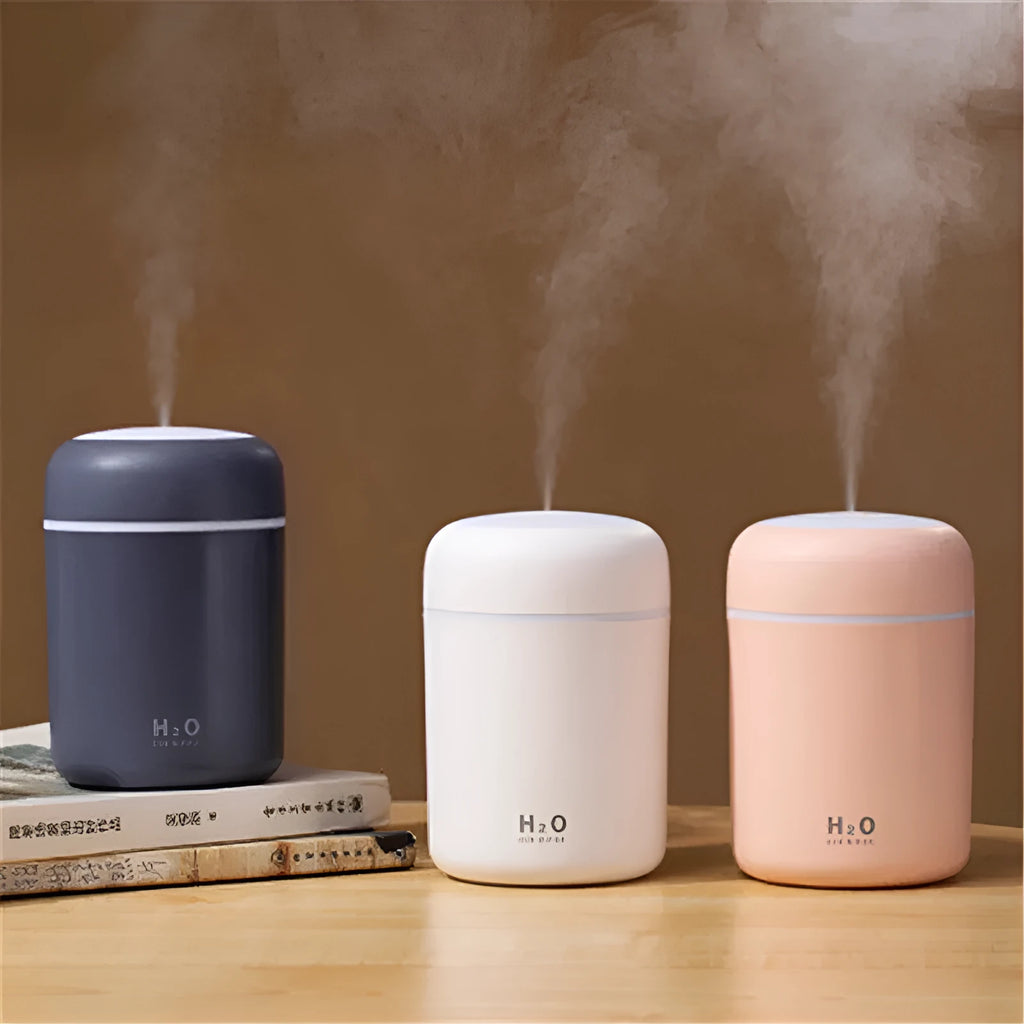 Compact car air purifying humidifier with 300ml tank, USB power, pink white navy colour options, ABS PP body