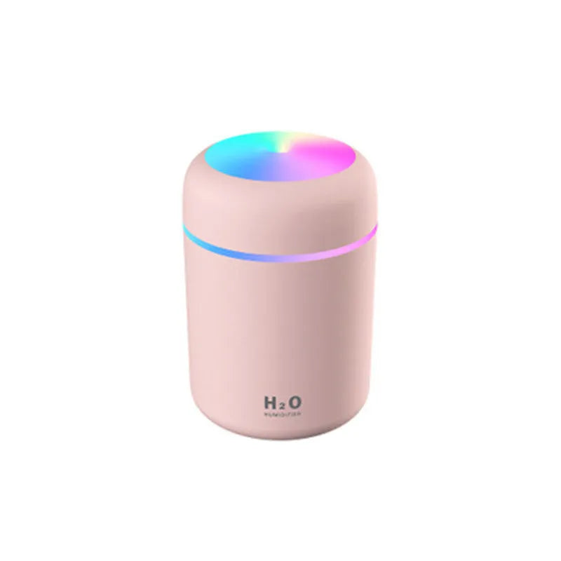Compact car air purifying humidifier with 300ml tank, USB power, pink white navy colour options, ABS PP body
