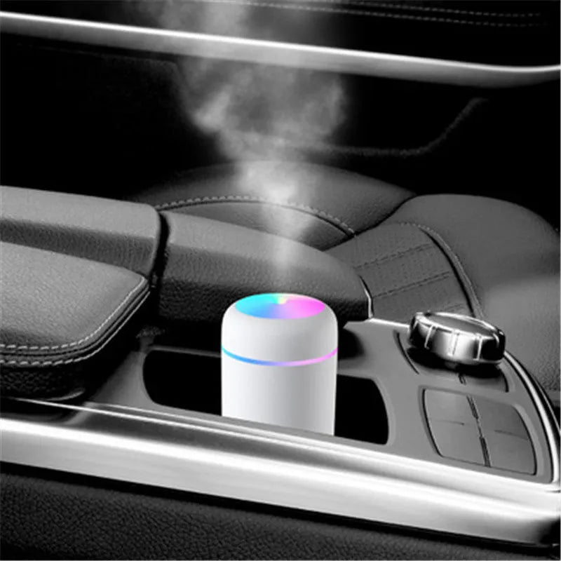Compact car air purifying humidifier with 300ml tank, USB power, pink white navy colour options, ABS PP body