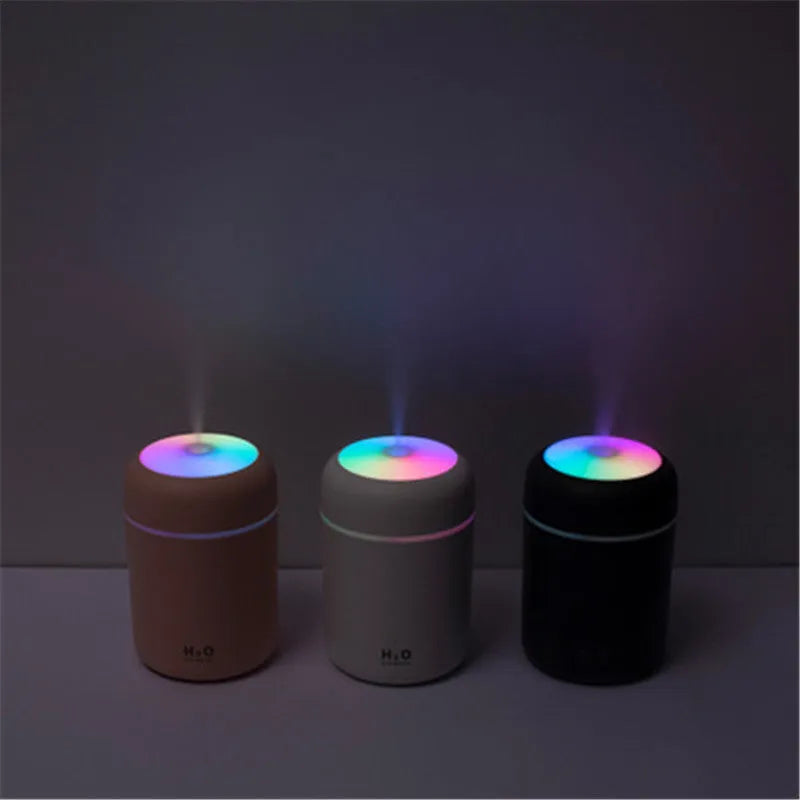 Compact car air purifying humidifier with 300ml tank, USB power, pink white navy colour options, ABS PP body