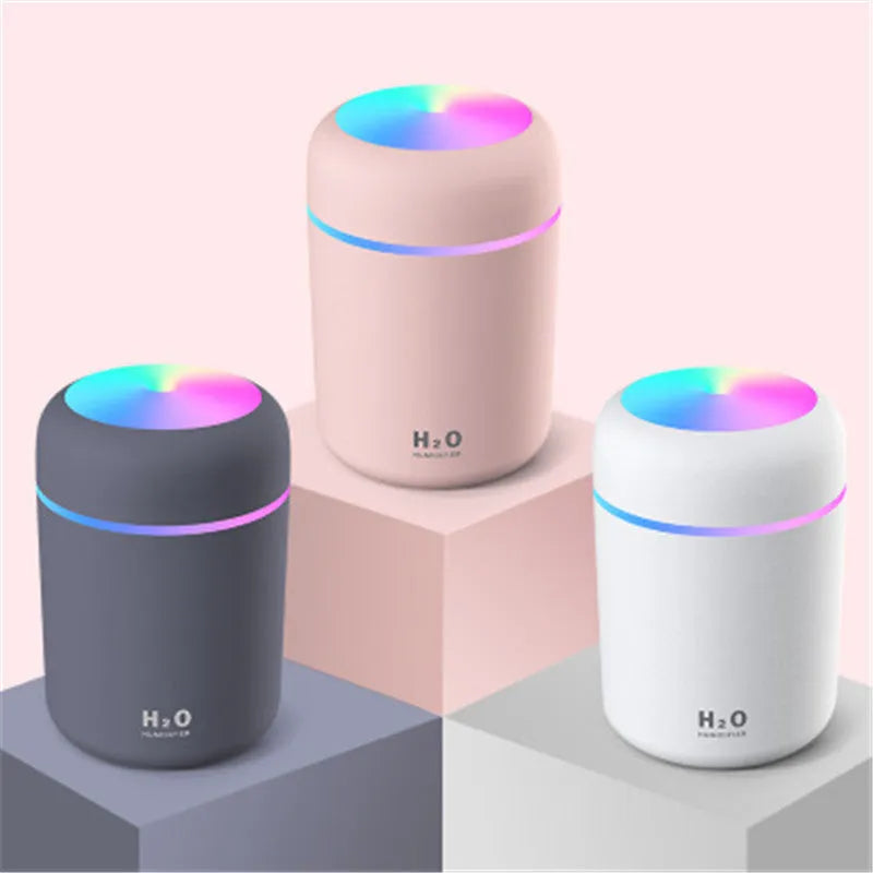 Compact car air purifying humidifier with 300ml tank, USB power, pink white navy colour options, ABS PP body