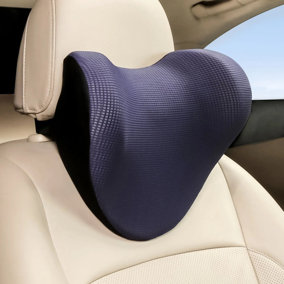 Car neck pillow in black with ice silk fabric and memory cotton filling 28x29x15cm