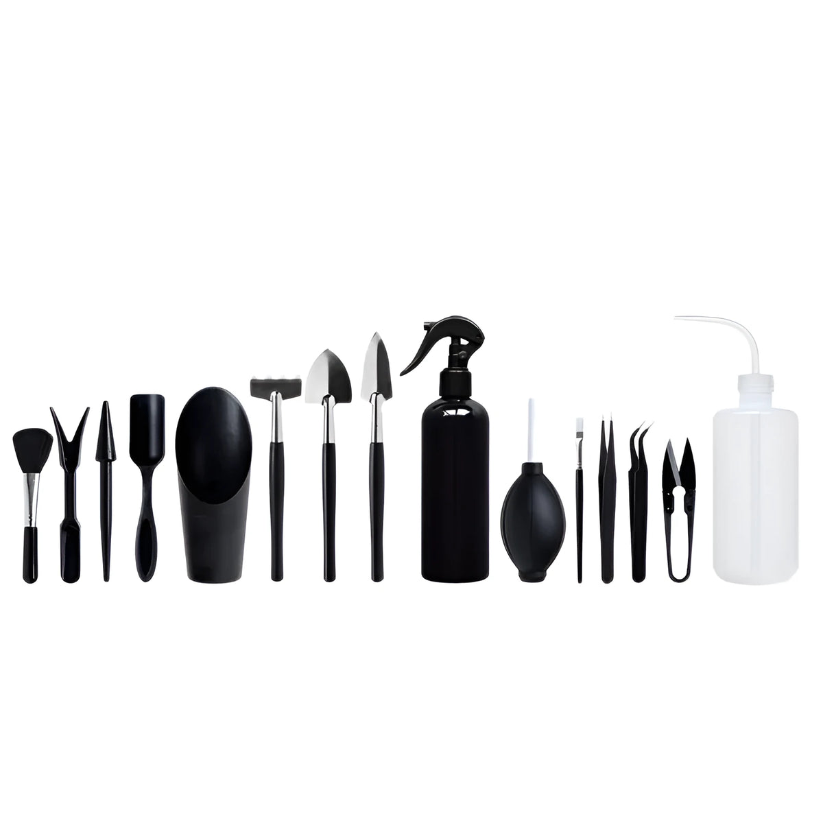 Succulent gardening tools set with mini shovel, tweezers, scissors, watering bottle, and cushion on a table.
