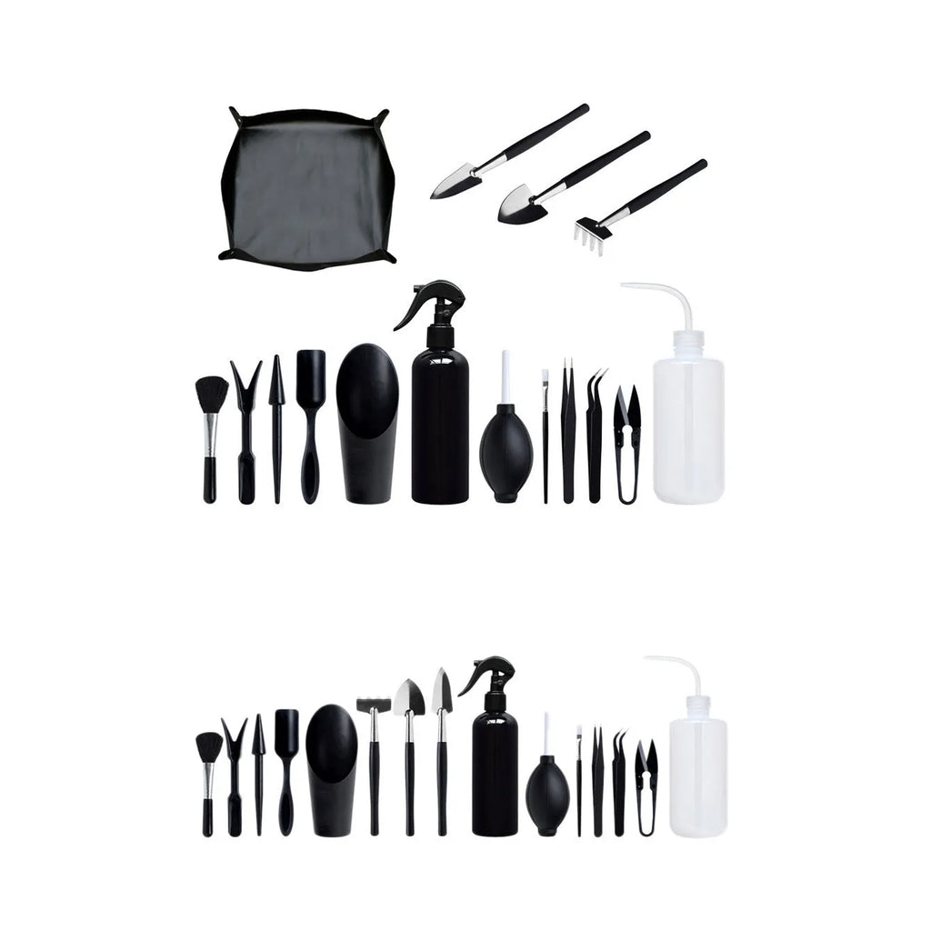 Succulent gardening tools set with mini shovel, tweezers, scissors, watering bottle, and cushion on a table.