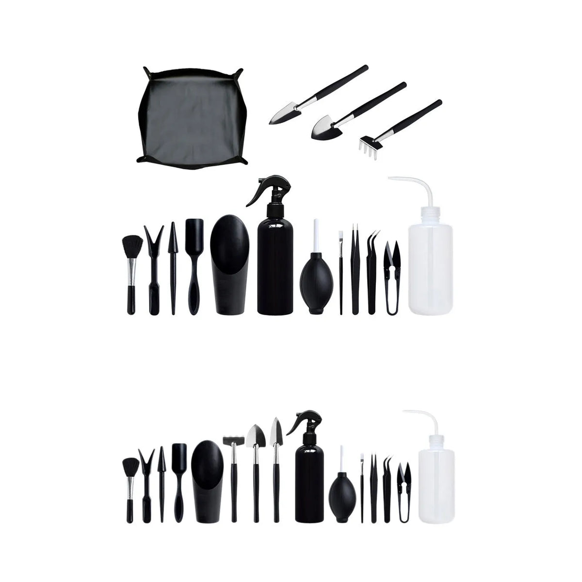 Succulent gardening tools set with mini shovel, tweezers, scissors, watering bottle, and cushion on a table.