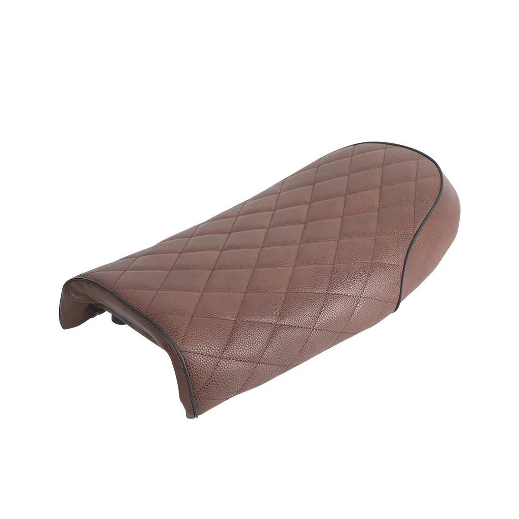 Brown artificial leather diamond motorcycle cushion with belt buckle on retro Honda CG125