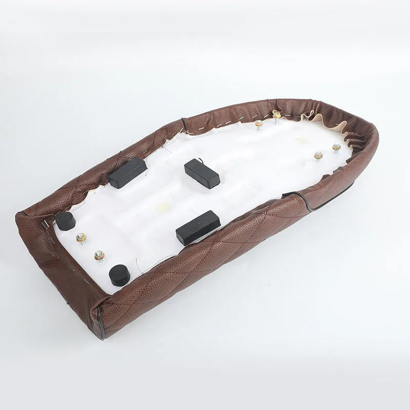 Brown artificial leather diamond motorcycle cushion with belt buckle on retro Honda CG125