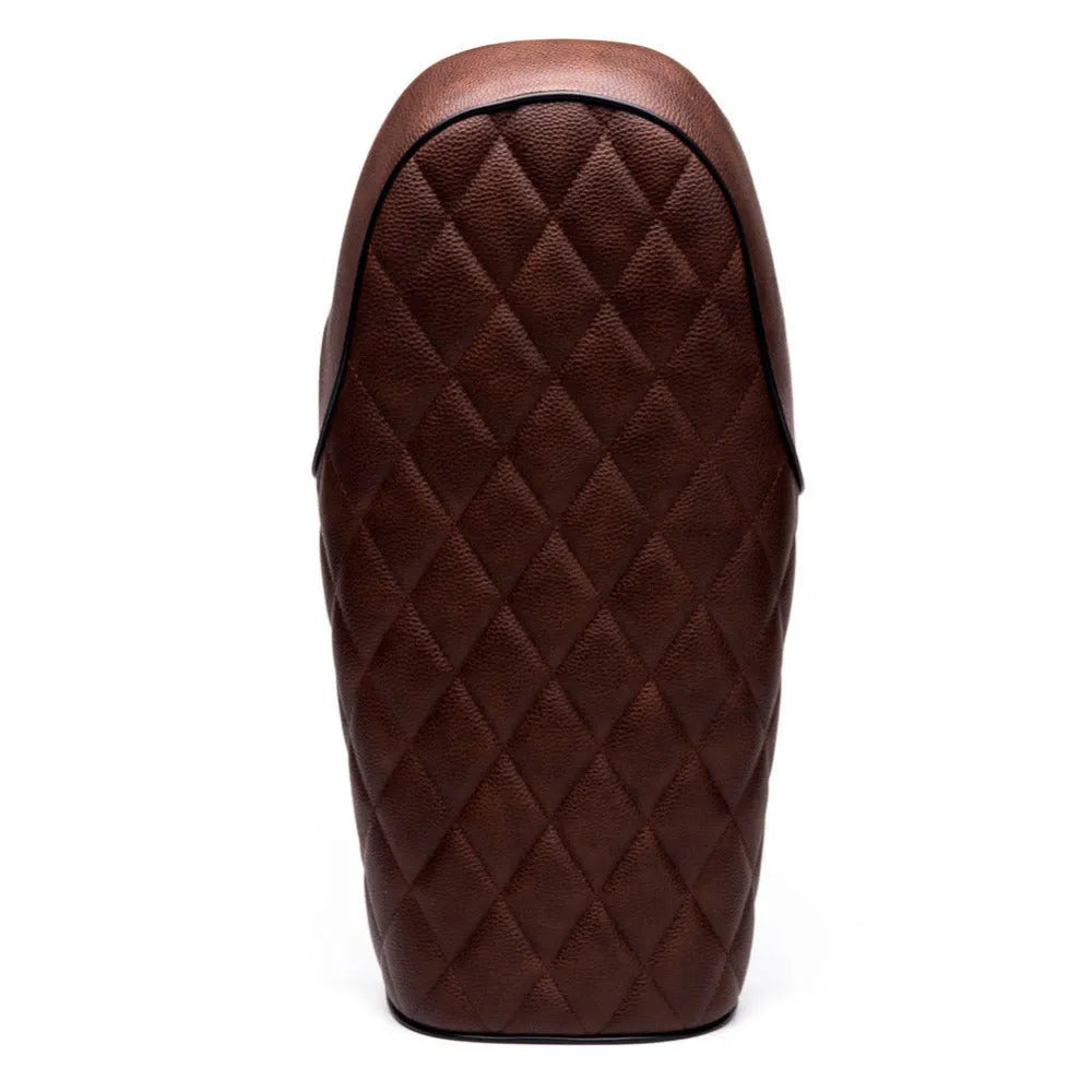 Brown artificial leather diamond motorcycle cushion with belt buckle on retro Honda CG125