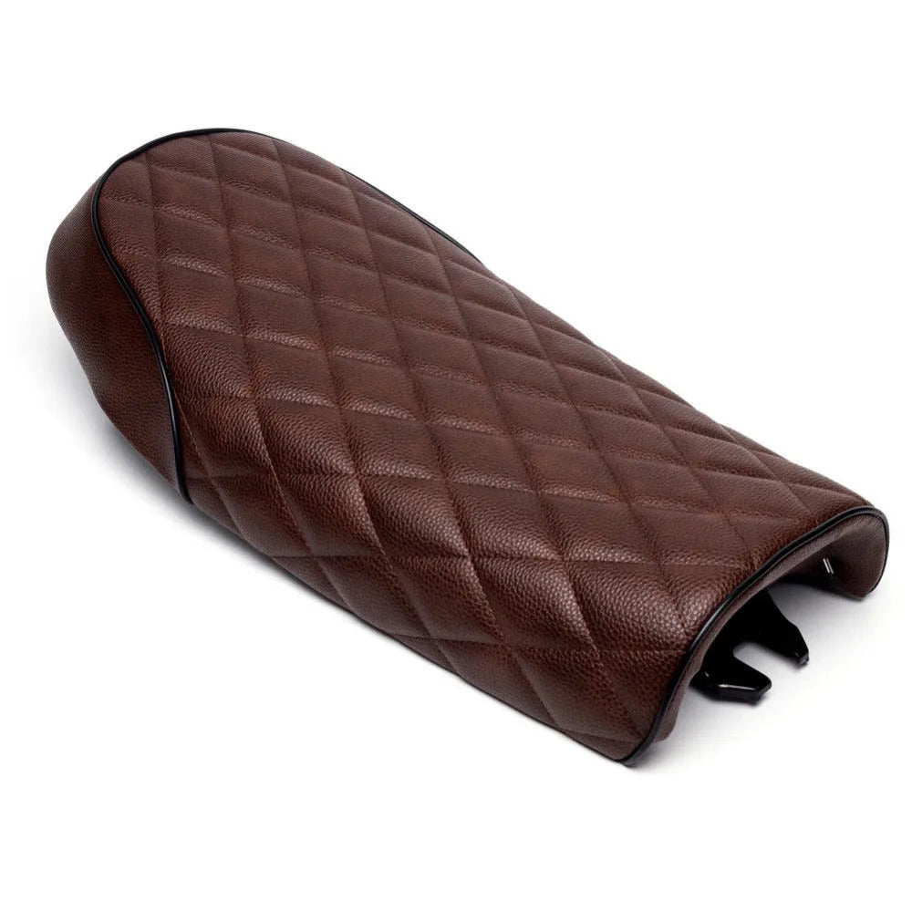 Brown artificial leather diamond motorcycle cushion with belt buckle on retro Honda CG125