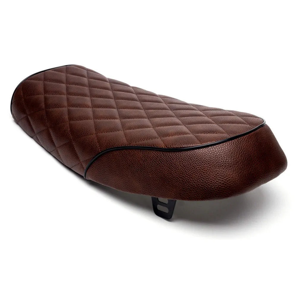 Brown artificial leather diamond motorcycle cushion with belt buckle on retro Honda CG125