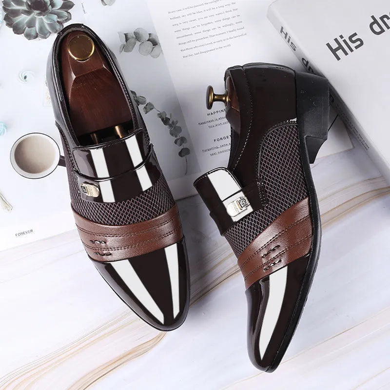 Men's pointed-toe artificial PU leather shoes in brown with low-top design and rubber sole