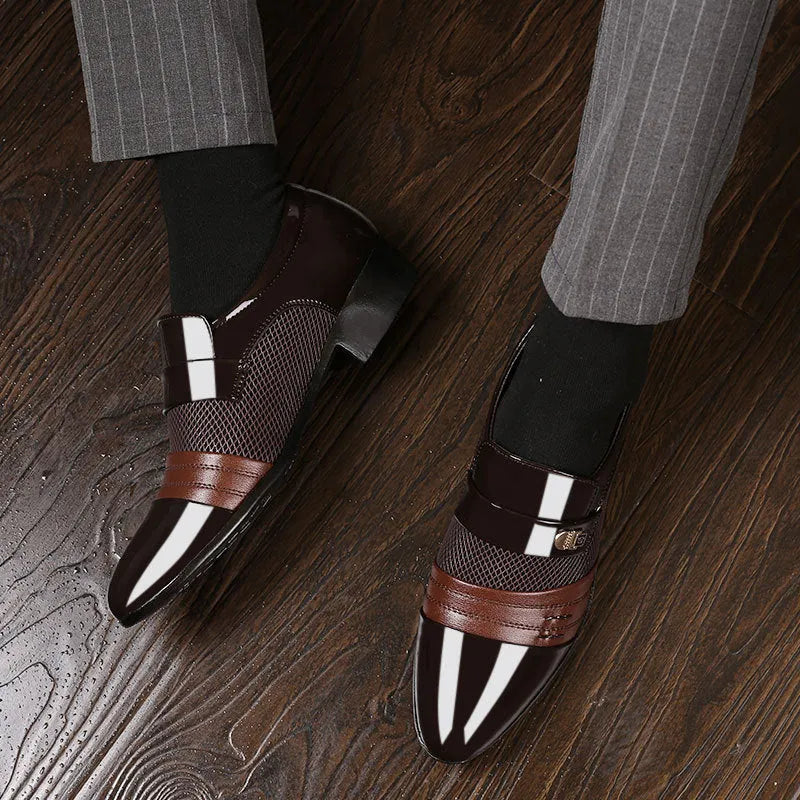 Men's pointed-toe artificial PU leather shoes in brown with low-top design and rubber sole