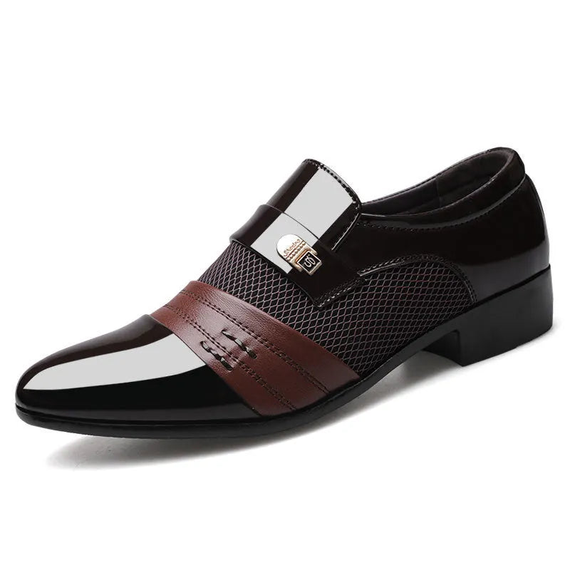 Men's pointed-toe artificial PU leather shoes in brown with low-top design and rubber sole