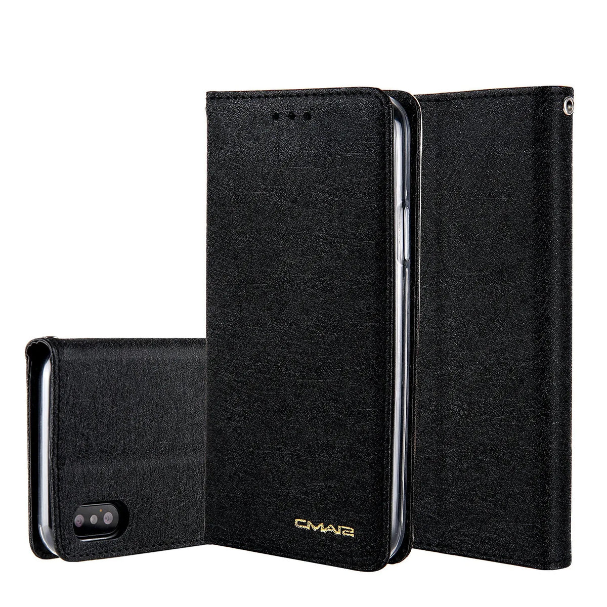 Black PU leather flip-style iPhone case open to show interior card slots and phone.