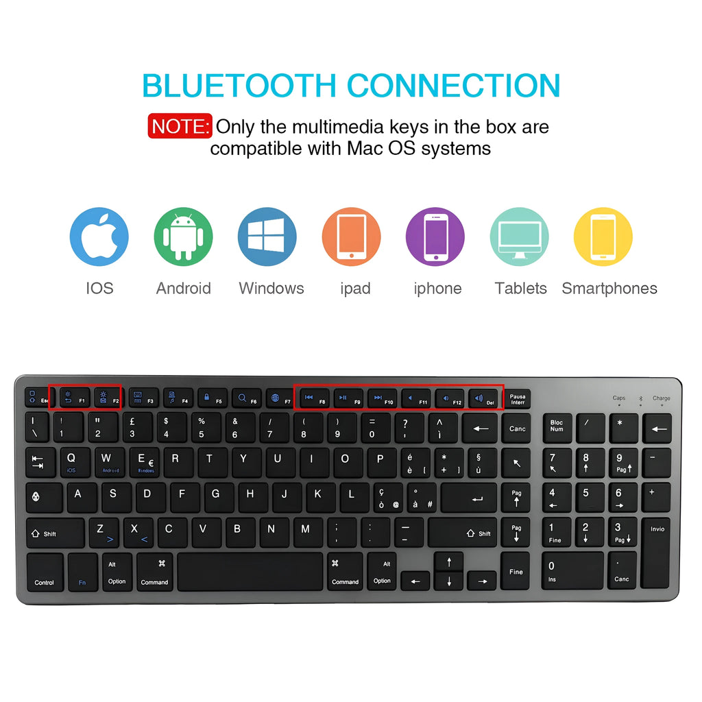 Universal Bluetooth keyboard for iPad tablets and notebooks with 104 keys in white or black colour