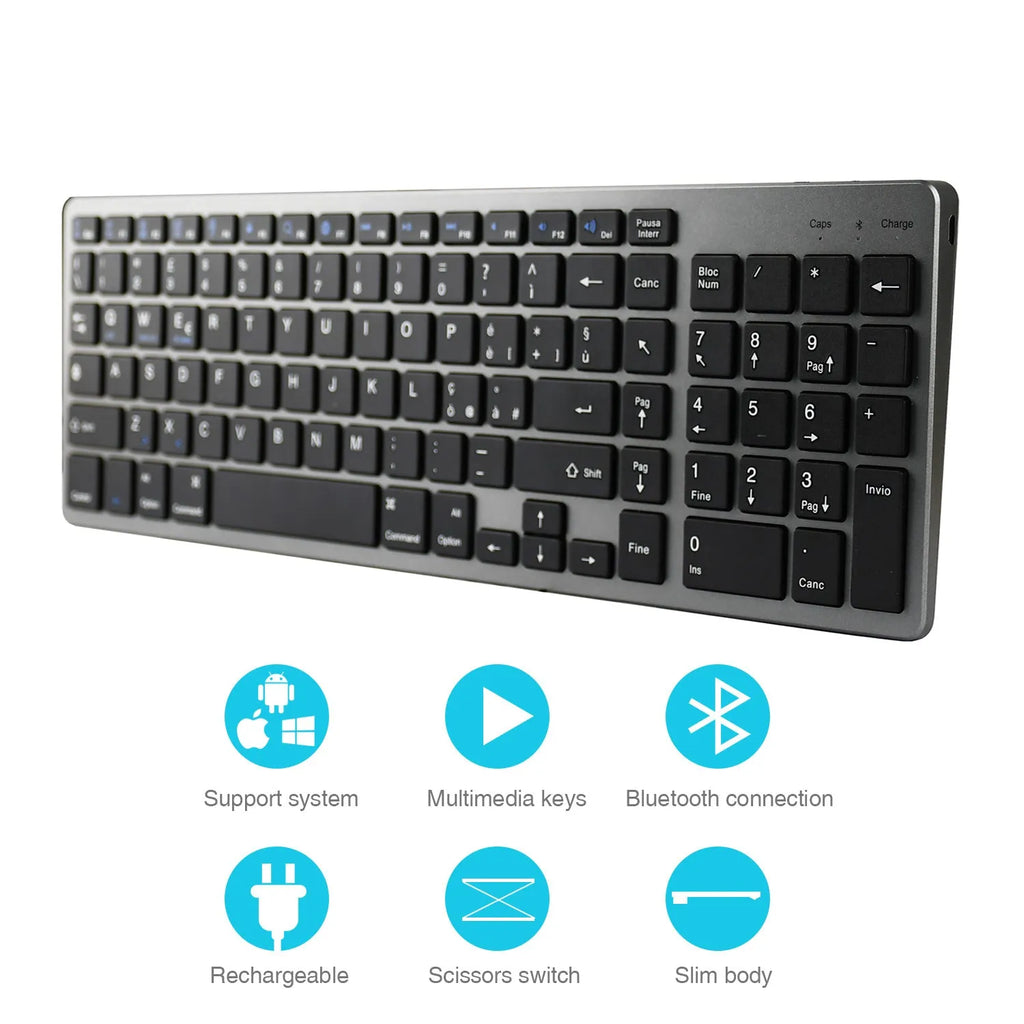 Universal Bluetooth keyboard for iPad tablets and notebooks with 104 keys in white or black colour