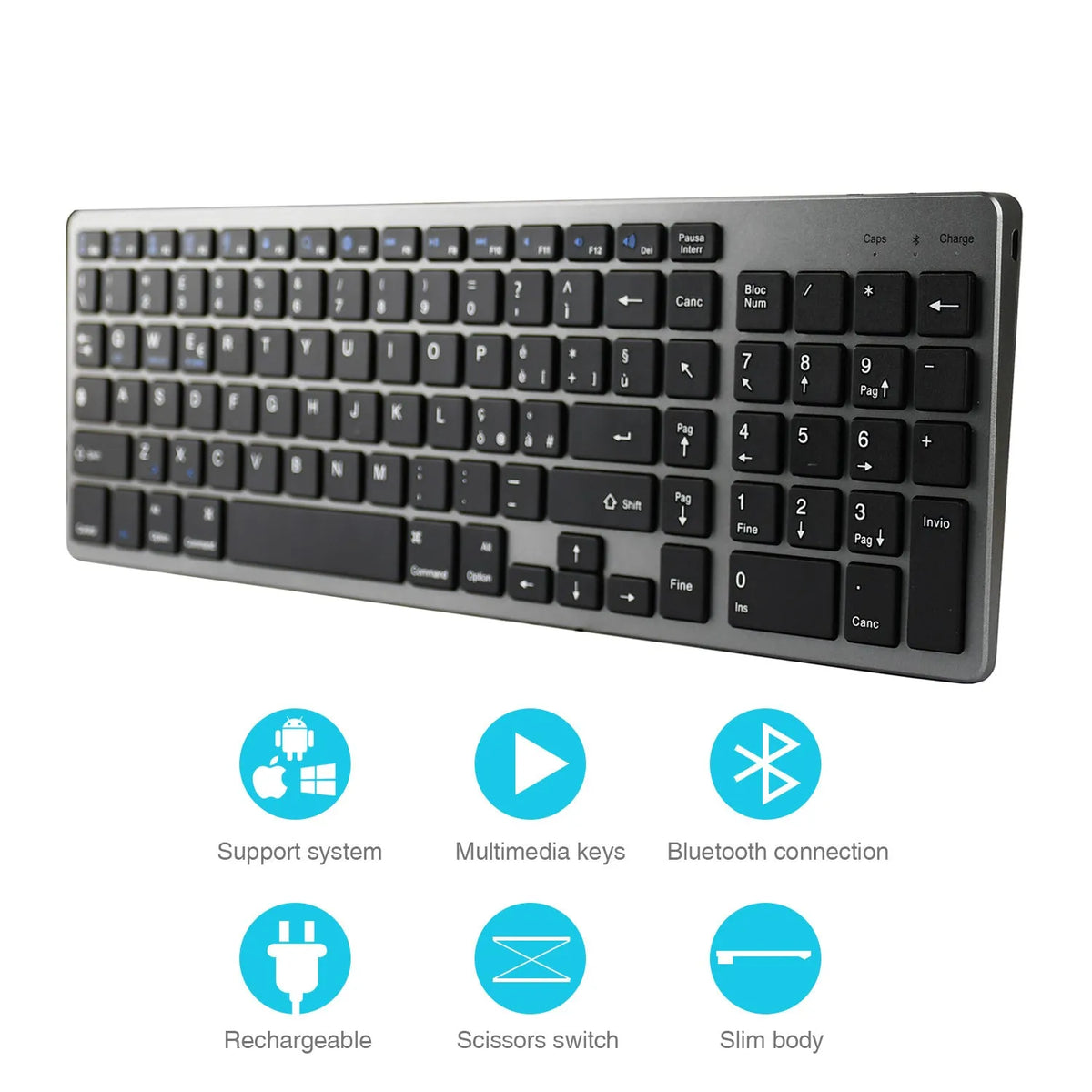 Universal Bluetooth keyboard for iPad tablets and notebooks with 104 keys in white or black colour