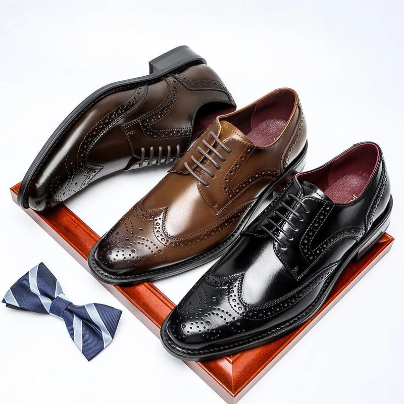 Men's genuine leather business casual dress shoes in black with two-layer cowhide upper and rubber sole