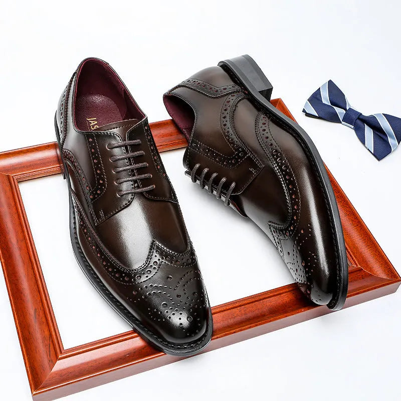 Men's genuine leather business casual dress shoes in black with two-layer cowhide upper and rubber sole