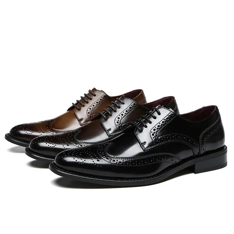 Men's genuine leather business casual dress shoes in black with two-layer cowhide upper and rubber sole