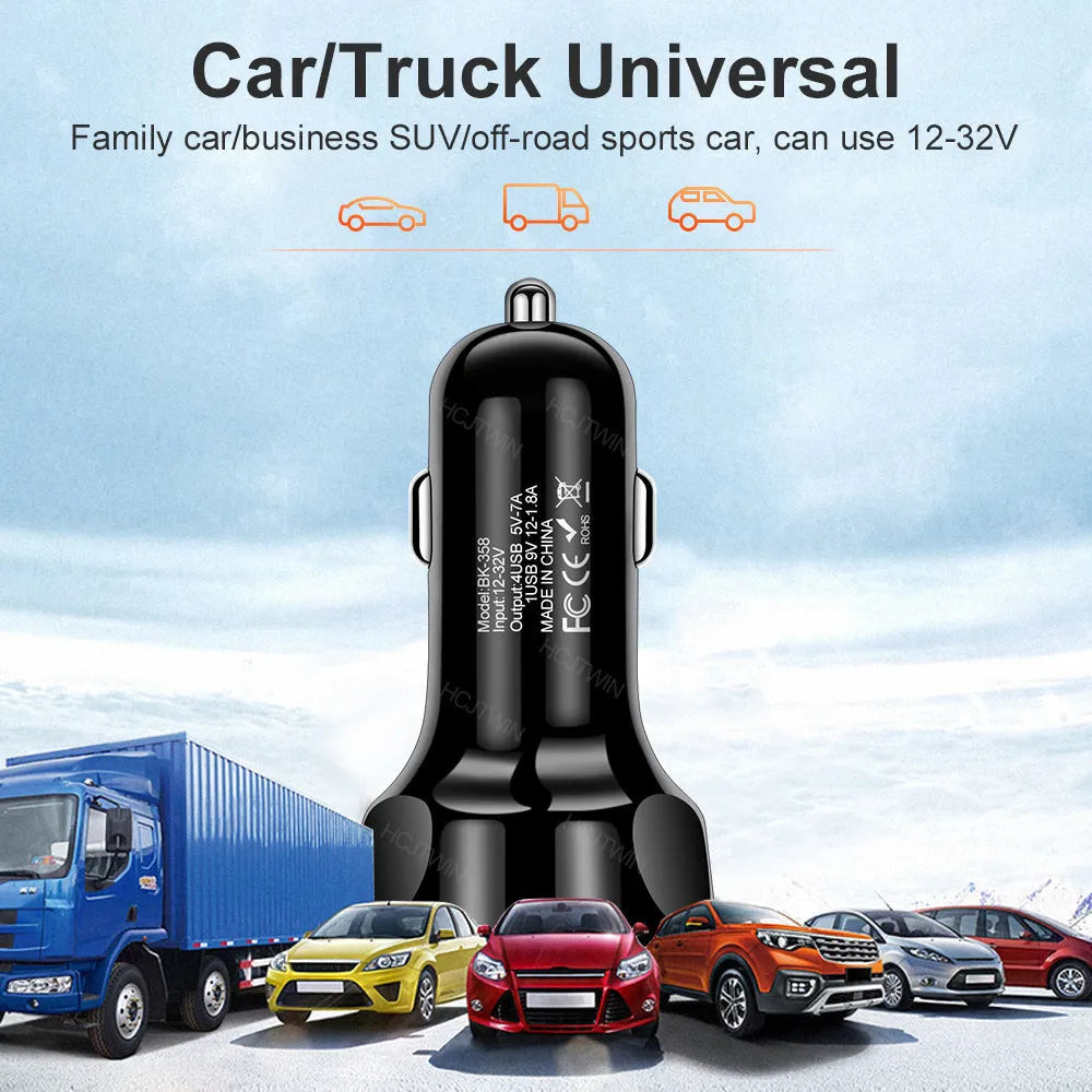 Black ABS fast charge car charger with 4 USB ports and QC3.0 support
