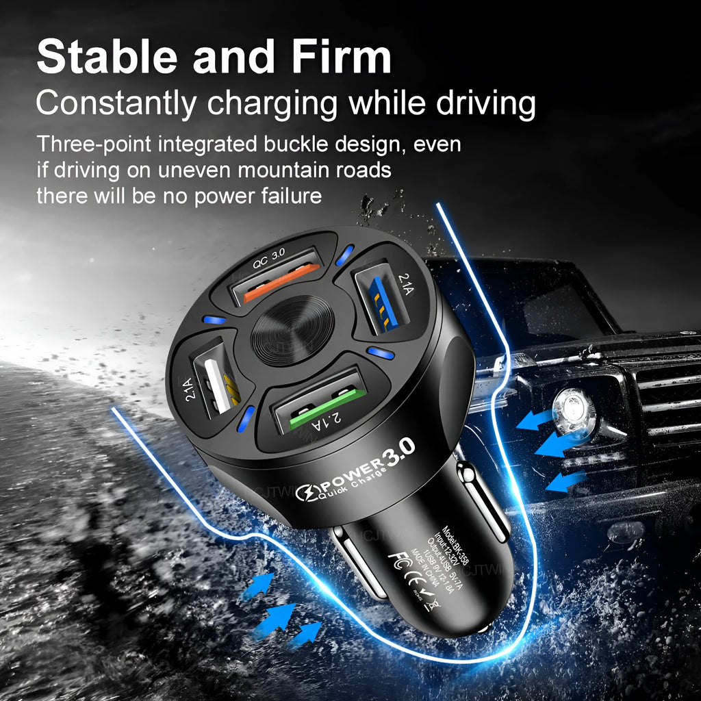 Black ABS fast charge car charger with 4 USB ports and QC3.0 support