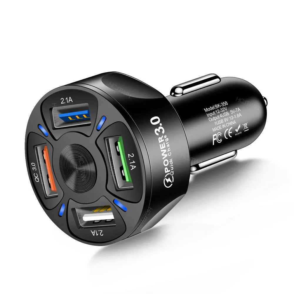Black ABS fast charge car charger with 4 USB ports and QC3.0 support