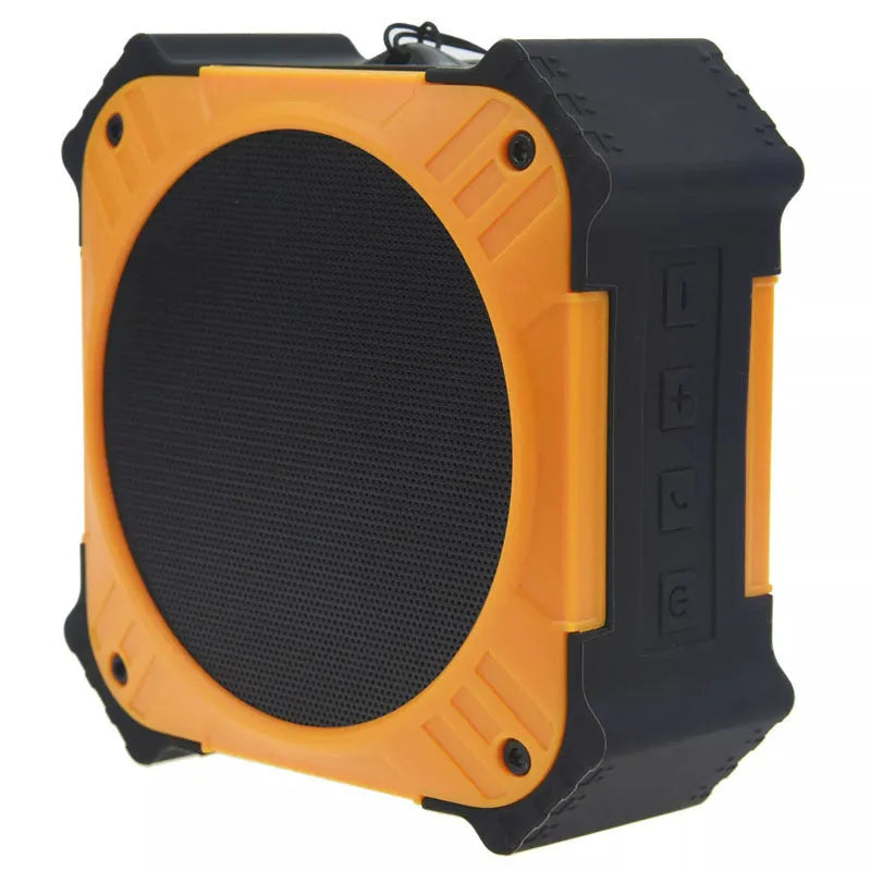 Compact square black or blue waterproof portable Bluetooth speaker with button controls and wrist strap.