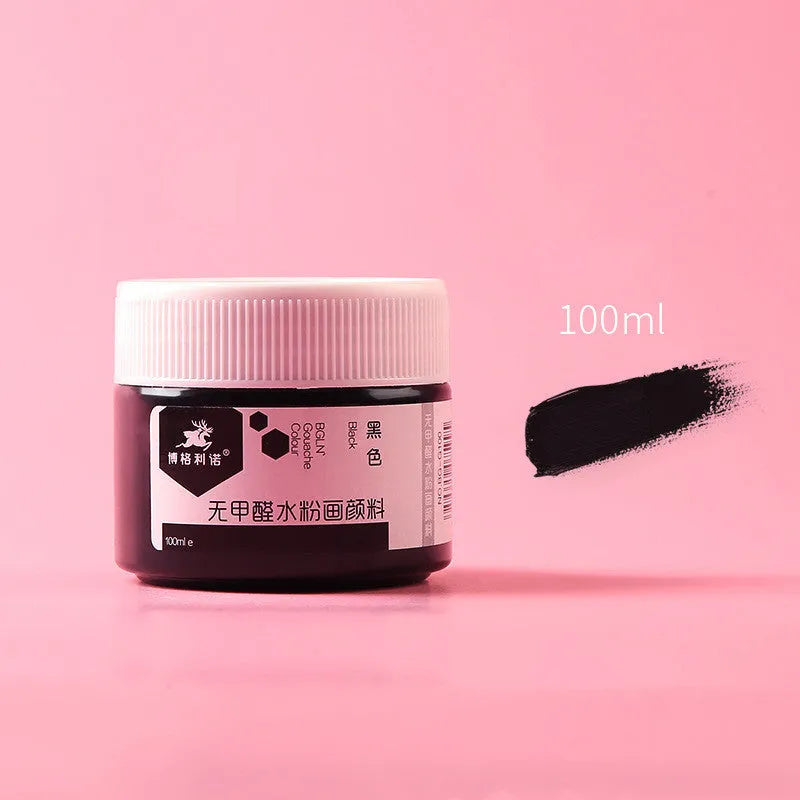 Bottled gouache paint in colours black, blue, orange, purple, red, sky blue and yellow.