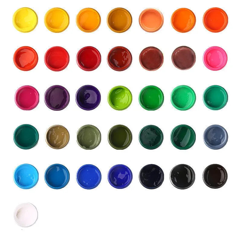 Bottled gouache paint in colours black, blue, orange, purple, red, sky blue and yellow.