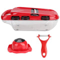 Red multi-function vegetable cutter with seven stainless steel blades and PET container