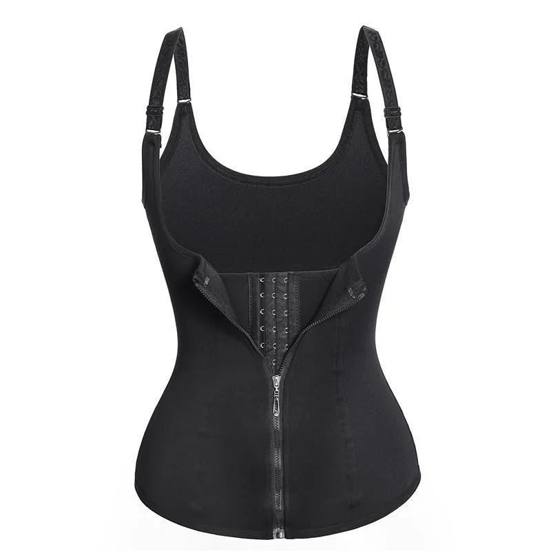 Adjustable zipper waist shaper and trimmer in black, size S, with front zip closure and stretch fabric.