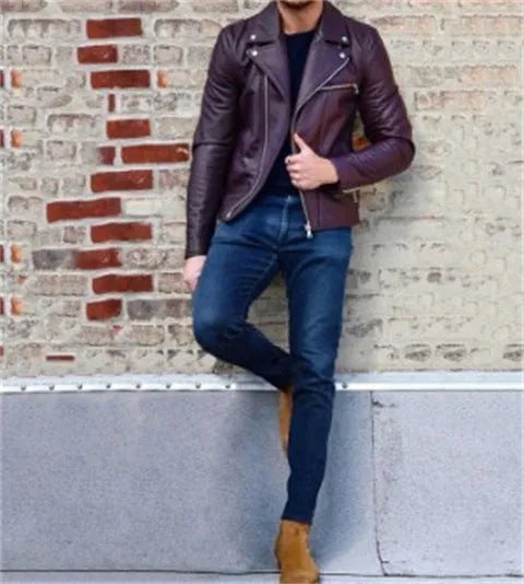 Men's denim-style jacket in black or purple, 50% polyester, Asian sizes M to 3XL