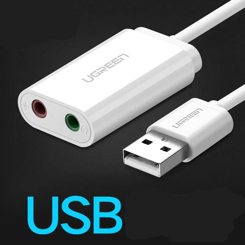USB external sound card with 3.5mm audio adapter, nickel-plated plug, 1.5cm cord, black or white