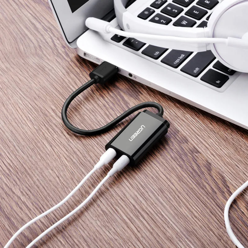 USB external sound card with 3.5mm audio adapter, nickel-plated plug, 1.5cm cord, black or white