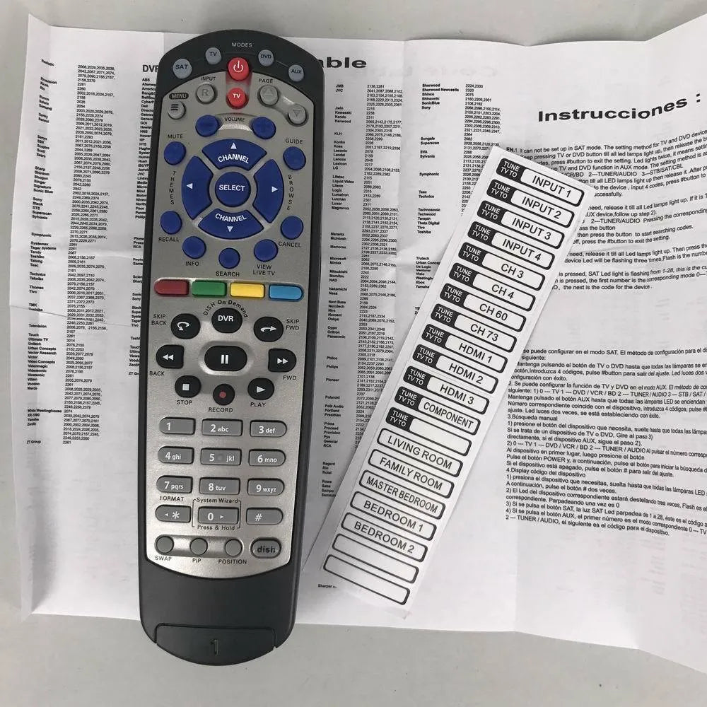 Black flat universal remote control for DISH Network satellite receiver and TV DVD models.