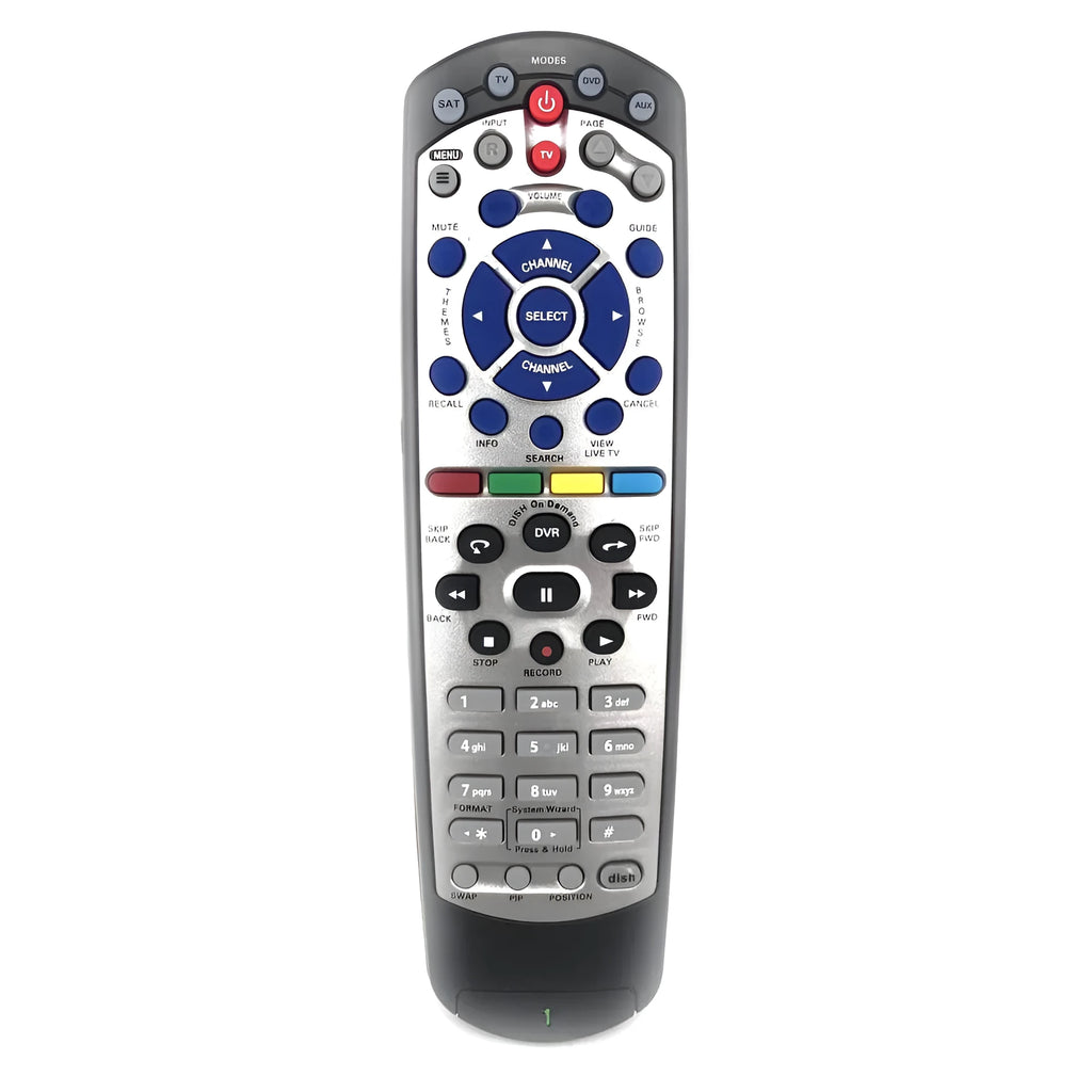 Black flat universal remote control for DISH Network satellite receiver and TV DVD models.