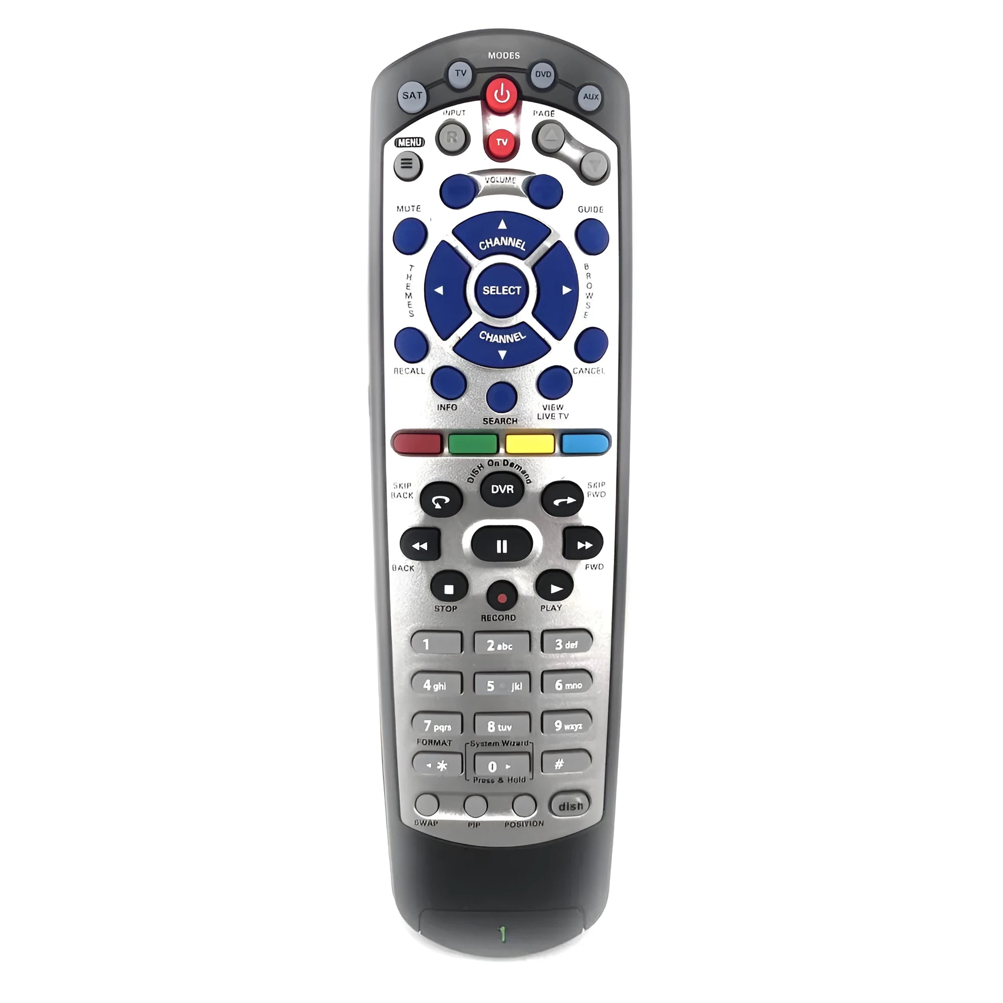 Black flat universal remote control for DISH Network satellite receiver and TV DVD models.
