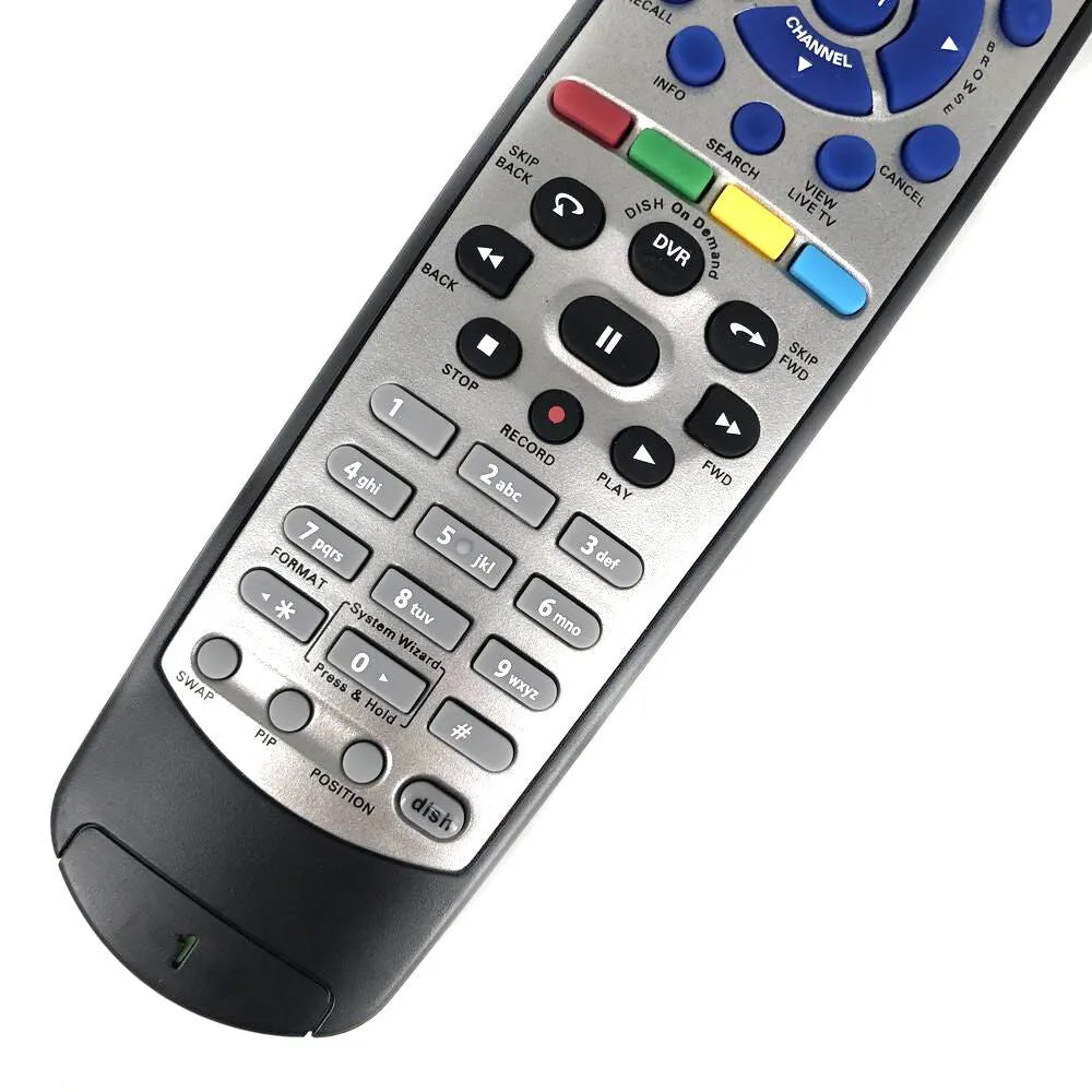 Black flat universal remote control for DISH Network satellite receiver and TV DVD models.