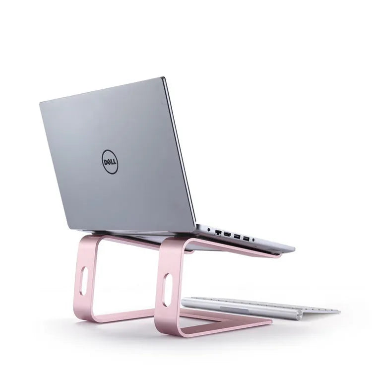 Aluminium alloy notebook stand and desktop computer cooling bracket, 14.5 x 22.5 x 26 cm, in black, grey, rose gold, or silver grey.