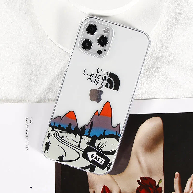 Transparent thin TPU back cover case for iPhone 12 and other models, Japanese Korean graffiti landscape design