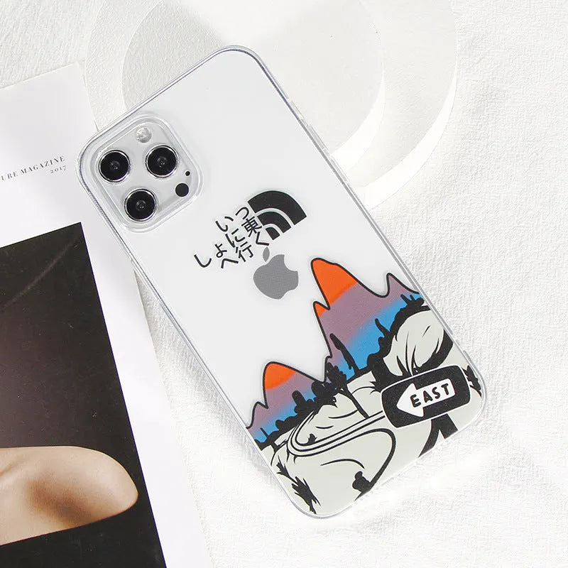 Transparent thin TPU back cover case for iPhone 12 and other models, Japanese Korean graffiti landscape design
