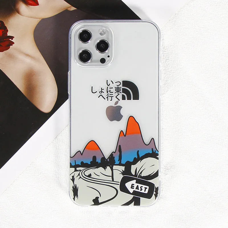 Transparent thin TPU back cover case for iPhone 12 and other models, Japanese Korean graffiti landscape design