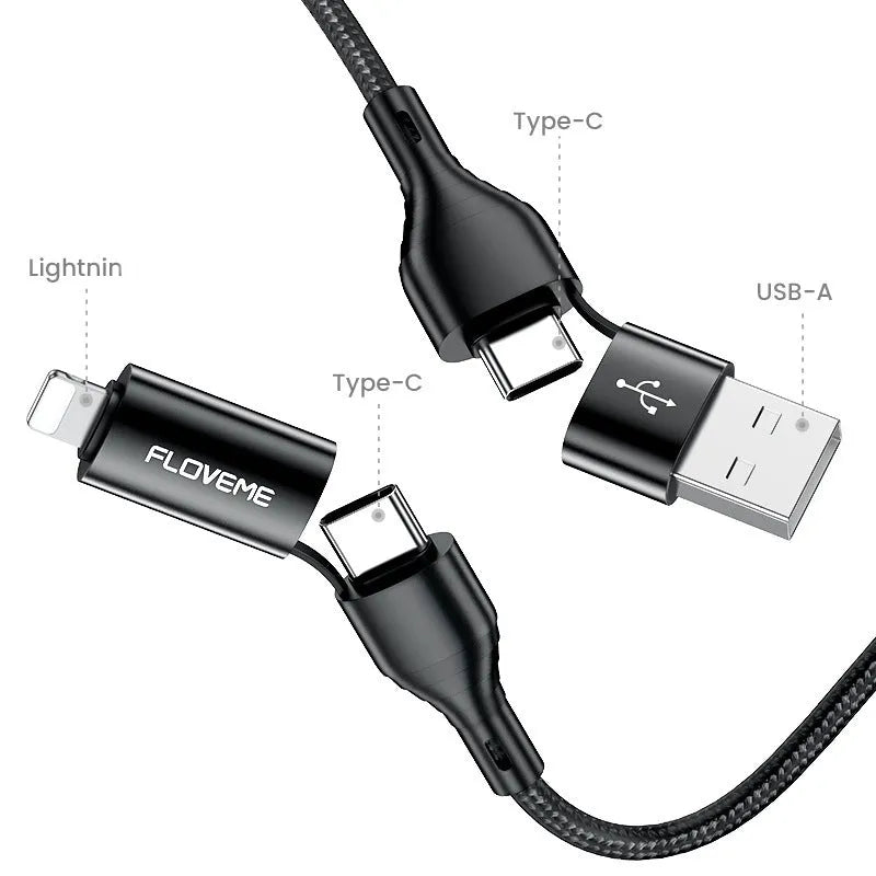 Black braided USB cable with four connector ends: USB-C to USB-C, USB-A to USB-C, USB-A to Lightning and USB-C to Lightning