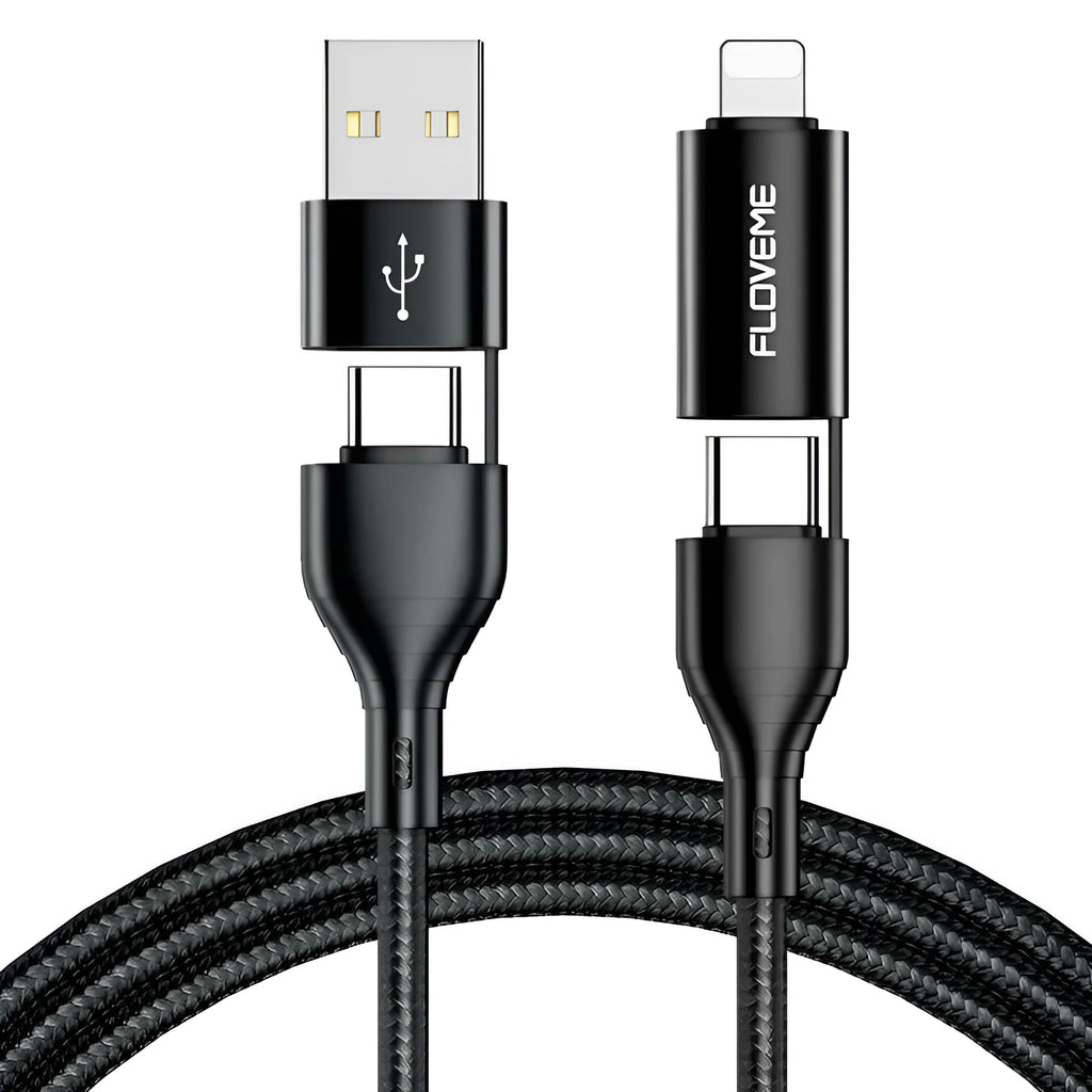 Black braided USB cable with four connector ends: USB-C to USB-C, USB-A to USB-C, USB-A to Lightning and USB-C to Lightning