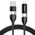 Black braided USB cable with four connector ends: USB-C to USB-C, USB-A to USB-C, USB-A to Lightning and USB-C to Lightning