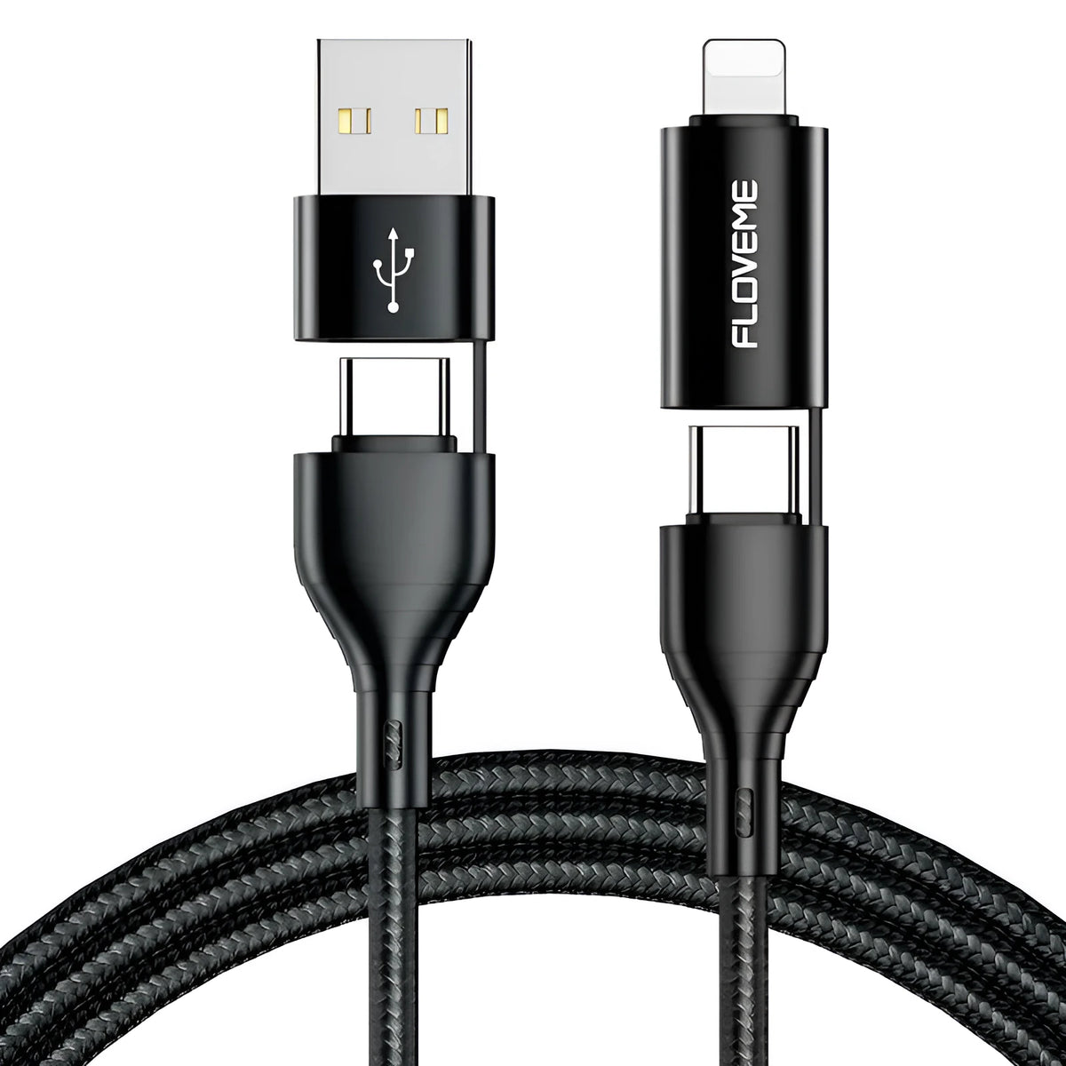 Black braided USB cable with four connector ends: USB-C to USB-C, USB-A to USB-C, USB-A to Lightning and USB-C to Lightning