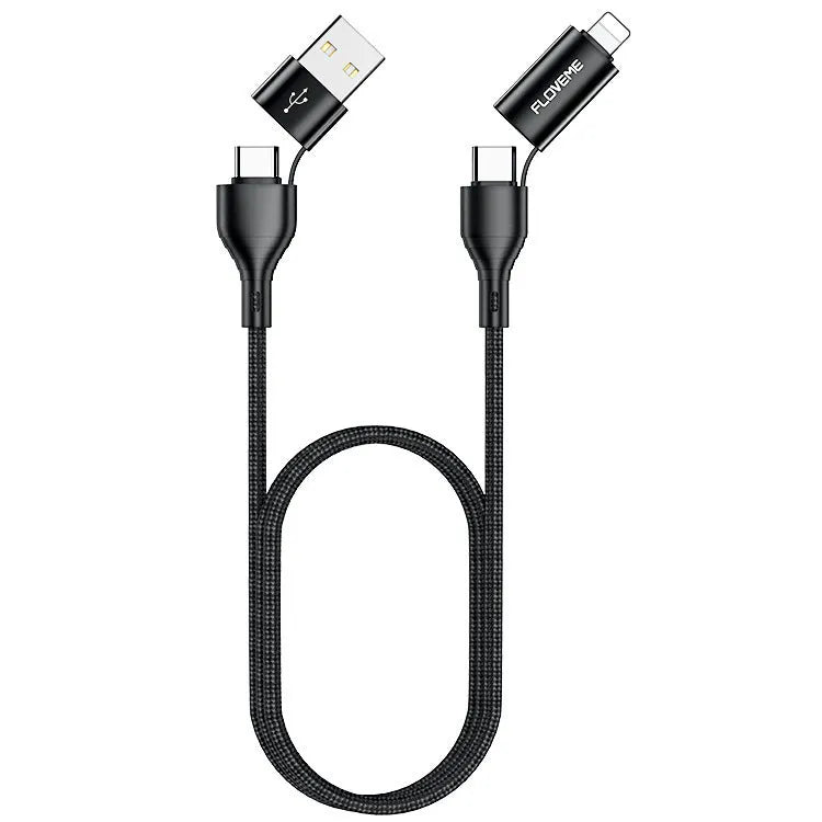 Black braided USB cable with four connector ends: USB-C to USB-C, USB-A to USB-C, USB-A to Lightning and USB-C to Lightning